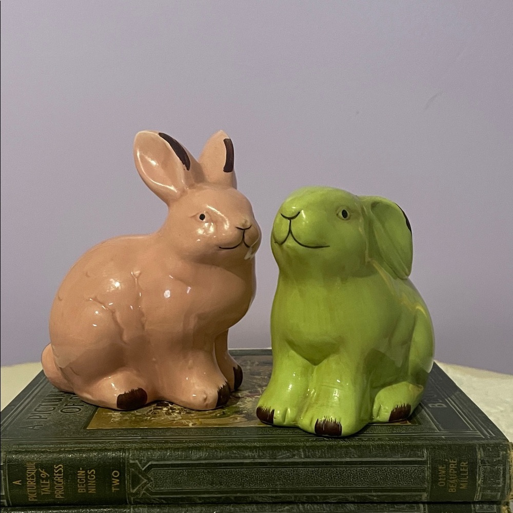 Ceramic Bunny Figurines - Pink and Green